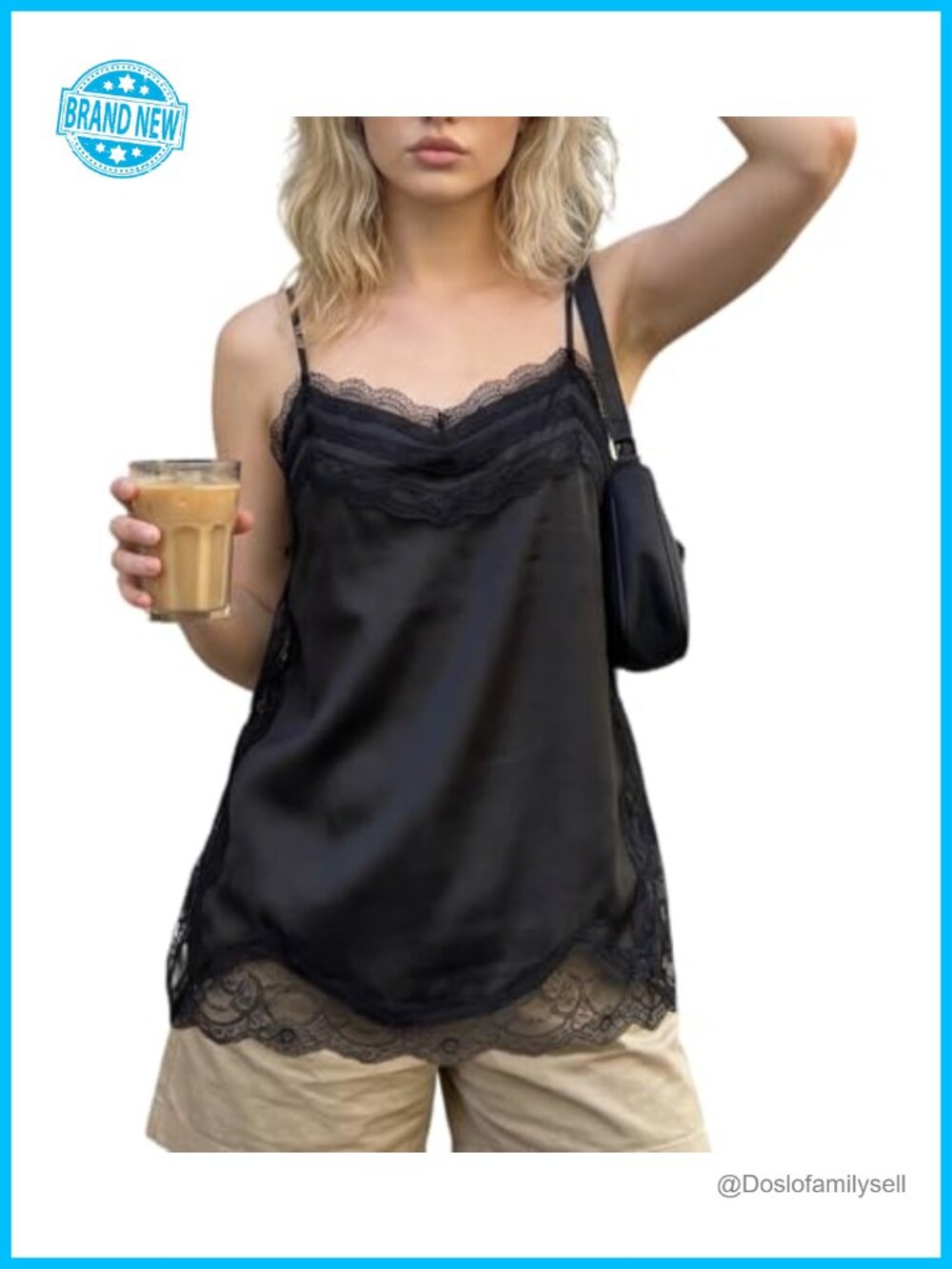 Lace Trim Cami Tank Top Square Neck Side Split Flowy